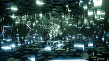 A geometric luminous sphere surrounded by platforms and lights in an abstract technological environment. loop seamless synchronized at 120 bmp video