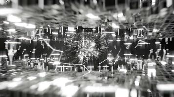 A geometric luminous sphere surrounded by platforms and lights in an abstract technological environment. loop seamless synchronized at 120 bmp video