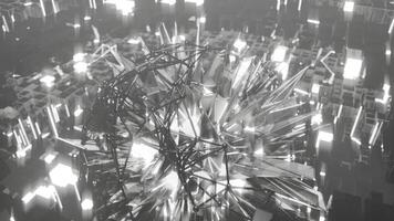 A geometric luminous sphere surrounded by platforms and lights in an abstract technological environment. loop seamless synchronized at 120 bmp video