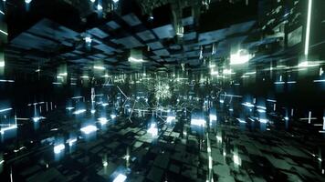 A geometric luminous sphere surrounded by platforms and lights in an abstract technological environment. loop seamless synchronized at 120 bmp video