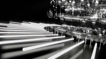 A geometric luminous sphere surrounded by platforms and lights in an abstract technological environment. loop seamless synchronized at 120 bmp video