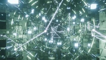 A geometric luminous sphere surrounded by platforms and lights in an abstract technological environment. loop seamless synchronized at 120 bmp video