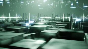 A geometric luminous sphere surrounded by platforms and lights in an abstract technological environment. loop seamless synchronized at 120 bmp video