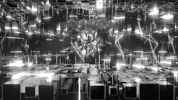 A geometric luminous sphere surrounded by platforms and lights in an abstract technological environment. loop seamless synchronized at 120 bmp video