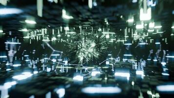A geometric luminous sphere surrounded by platforms and lights in an abstract technological environment. loop seamless synchronized at 120 bmp video