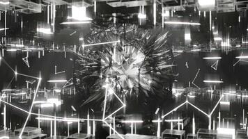 A geometric luminous sphere surrounded by platforms and lights in an abstract technological environment. loop seamless synchronized at 120 bmp video