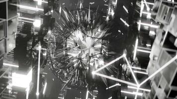 A geometric luminous sphere surrounded by platforms and lights in an abstract technological environment. loop seamless synchronized at 120 bmp video