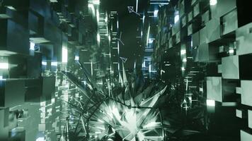 A geometric luminous sphere surrounded by platforms and lights in an abstract technological environment. loop seamless synchronized at 120 bmp video