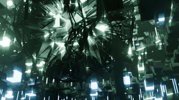 A geometric luminous sphere surrounded by platforms and lights in an abstract technological environment. loop seamless synchronized at 120 bmp video