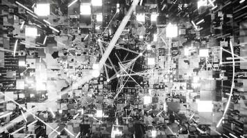 A geometric luminous sphere surrounded by platforms and lights in an abstract technological environment. loop seamless synchronized at 120 bmp video