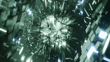 A geometric luminous sphere surrounded by platforms and lights in an abstract technological environment. loop seamless synchronized at 120 bmp video