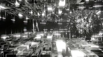 A geometric luminous sphere surrounded by platforms and lights in an abstract technological environment. loop seamless synchronized at 120 bmp video