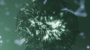 A geometric luminous sphere surrounded by platforms and lights in an abstract technological environment. loop seamless synchronized at 120 bmp video