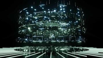A geometric luminous sphere surrounded by platforms and lights in an abstract technological environment. loop seamless synchronized at 120 bmp video