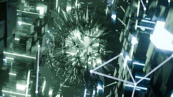 A geometric luminous sphere surrounded by platforms and lights in an abstract technological environment. loop seamless synchronized at 120 bmp video