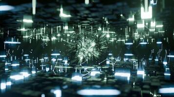 A geometric luminous sphere surrounded by platforms and lights in an abstract technological environment. loop seamless synchronized at 120 bmp video