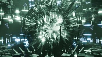 A geometric luminous sphere surrounded by platforms and lights in an abstract technological environment. loop seamless synchronized at 120 bmp video