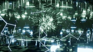 A geometric luminous sphere surrounded by platforms and lights in an abstract technological environment. loop seamless synchronized at 120 bmp video