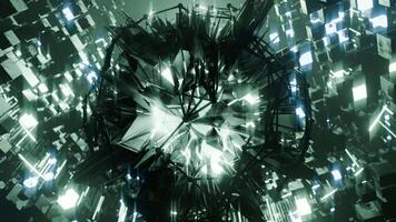 A geometric luminous sphere surrounded by platforms and lights in an abstract technological environment. loop seamless synchronized at 120 bmp video