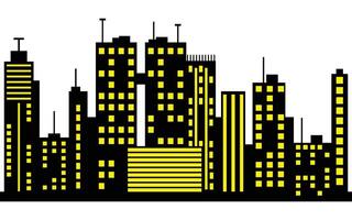 Nighttime Urban Skyline Silhouette with Yellow Illuminated Windows vector