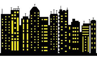 Silhouette of city buildings with illuminated windows, vector