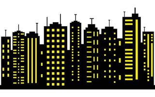 Modern City Skyline Silhouette with Yellow Illuminated Windows on Black Background vector