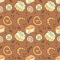 Bread brown background. Bakery seamless pattern. Croissant, bun, pie, bread. vector