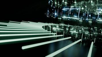 A geometric luminous sphere surrounded by platforms and lights in an abstract technological environment. loop seamless synchronized at 120 bmp video