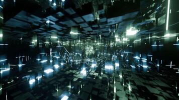 A geometric luminous sphere surrounded by platforms and lights in an abstract technological environment. loop seamless synchronized at 120 bmp video