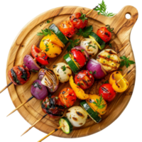 Grilled vegetable skewers with tomatoes, peppers, zucchini, onions, and parsley on a wooden board. png