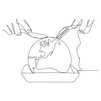 World food day holiday concept with earth or globe and plate, knife and fork. Single line art with text Food Day. Single one line drawing World food day concept Continuous line draw design vector