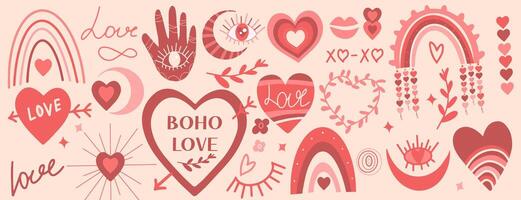 Valentine's day set in retro boho style. Bohemian romantic happy Valentine day. Boho rainbow, heart and flowers. vector