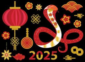 Chinese New Year icons set. Year of the snake with snake, cherry blossom flower, firework, hanging lantern, cloud isolated icon of Asian Lunar New Year. illustration vector