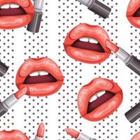 Seamless pattern of plump lips, luxurious lipstick and polka-dot. It's a pattern that looks feminine and bright. Pattern for fabric and wrapping paper, Pattern for design wallpaper and fashion prints. vector