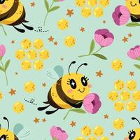 Seamless pattern of cute little bee holding a pink flower with honeycomb. Pattern for fabric and wrapping paper, Pattern for design wallpaper and fashion prints. vector