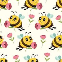 Seamless pattern of cute little bee holding a pink flower. The hard-working little bee smiled brightly. Pattern for fabric and wrapping paper, Pattern for design wallpaper and fashion prints. vector