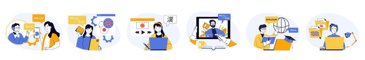 Studying foreign language concept set in flat web design. Collection with people learning english, spanish, japanese at online course, training by . illustrations on white background. vector