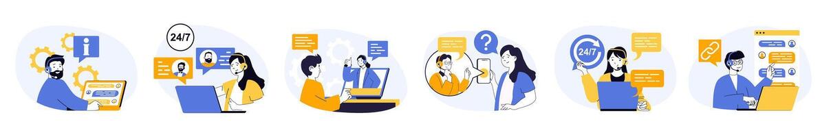 Call center concept set in flat web design. Collection with people answering calls in helpline and online messages, consulting clients in support service. illustrations on white background. vector