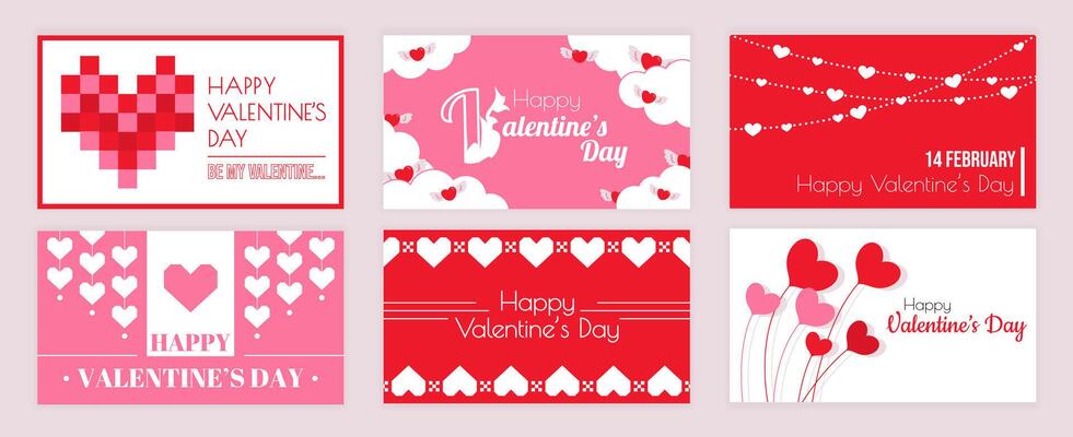 Valentines Day cover typography templates set for social media. Greeting cards design with hearts mosaic and garlands, cupid wings at clouds, love balloons, romantic elements. illustration.