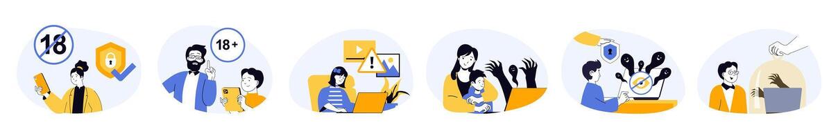 Internet cyber safety for kids concept set in flat web design. Collection with people protecting child online privacy with parental control and block content. illustrations on white background. vector