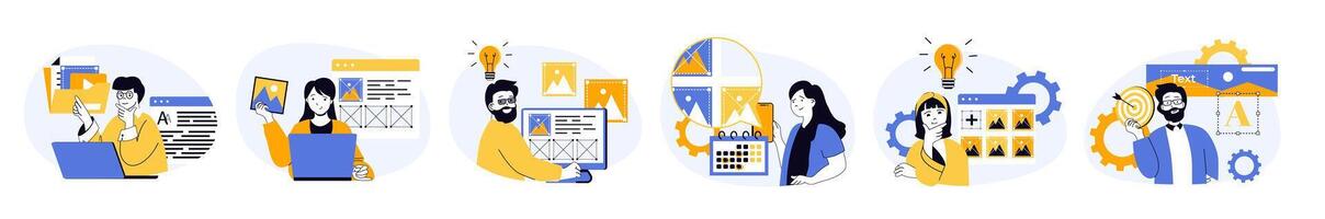 Content manager concept set in flat web design. Collection with people filling sites with images, making posts in online blog, making creative strategy. illustrations on white background. vector