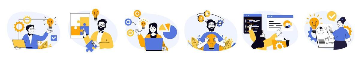 Creative business concept set in flat web design. Collection with people thinking, finding solutions, brainstorming and researching for company development. illustrations on white background. vector