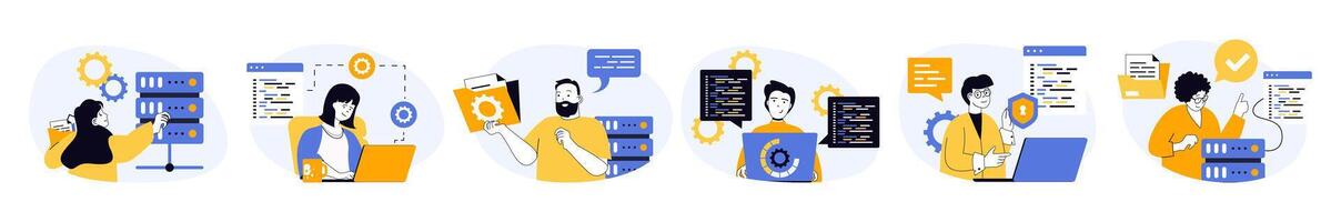 System administrator concept set in flat web design. Collection with people check server racks hardware, doing software maintenance and technical repair. illustrations on white background. vector
