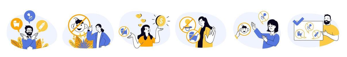 Childfree by choice concept set in flat web design. Collection with people make decision not to have children and develop career, thinking lifestyle options. illustrations on white background. vector