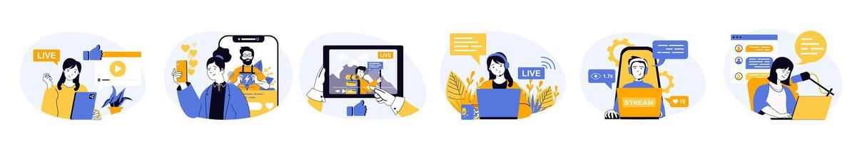 streaming concept set in flat web design. Collection with people watching streamer live translation, blogger creating content and recording videos. illustrations on white background. vector
