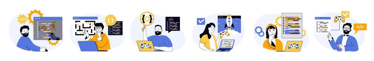 game developer concept set in flat web design. Collection with people programming code, engineering different computer games and testing interface. illustrations on white background. vector