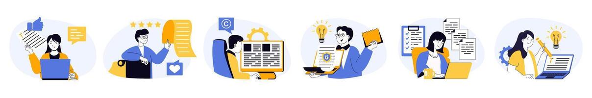 Copywriter concept set in flat web design. Collection with people working as online journalists, writing articles and information posts in social media. illustrations on white background. vector