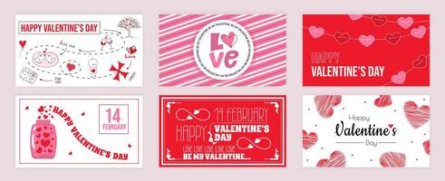 Valentines Day cover typography templates set for social media. Greeting cards design with romantic game with path map, heart garlands, love declaration, romance potion, other. illustration. vector