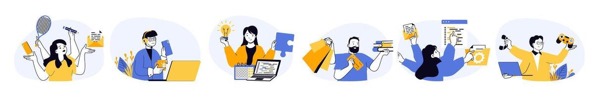 Multitasking work concept set in flat web design. Collection with people doing different tasks in same time, calling, earning, playing and doing projects. illustrations on white background. vector
