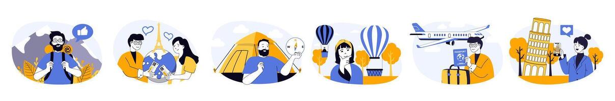 Travel and tourism concept set in flat web design. Collection with people with luggage flying in worldwide trips, visiting new countries, hiking and trekking. illustrations on white background. vector
